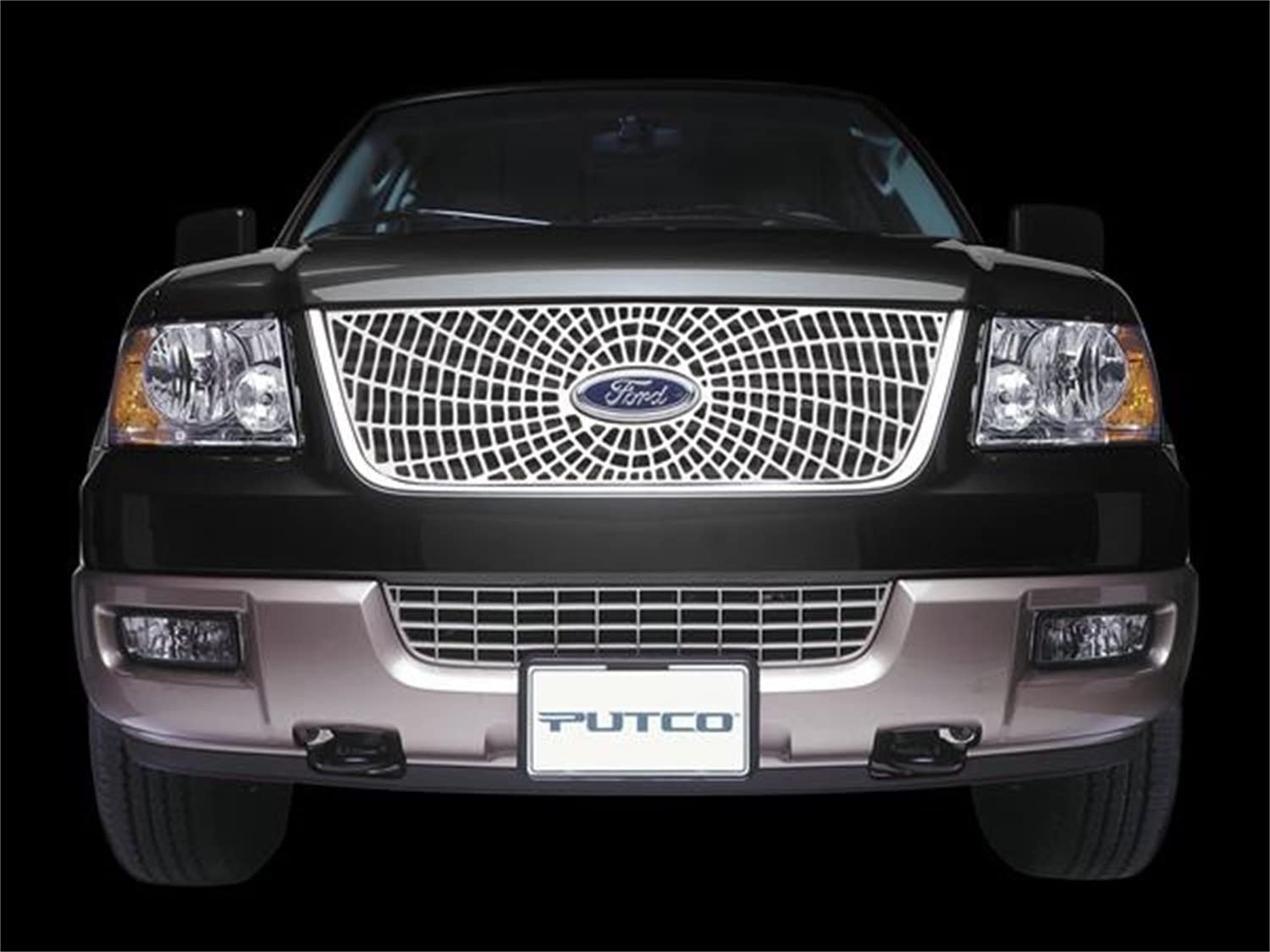 Putco Liquid Spiderweb Grille Insert; Mirror Finish Aluminum; W/logo Cutout; For Oem Bar Grille Putco Liquid Spiderweb Grille Insert; Mirror Finish Aluminum; W/logo Cutout; For Oem Bar Grille