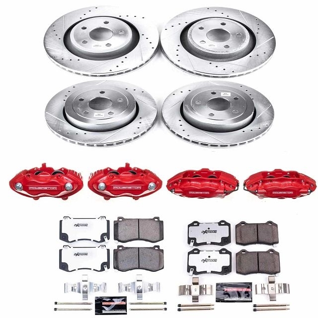 Power Stop Front And Rear Z26 Street Warrior Brake Pad And Rotor Kit With Red Powder Coated Power Stop Front And Rear Z26 Street Warrior Brake Pad And Rotor Kit With Red Powder Coated