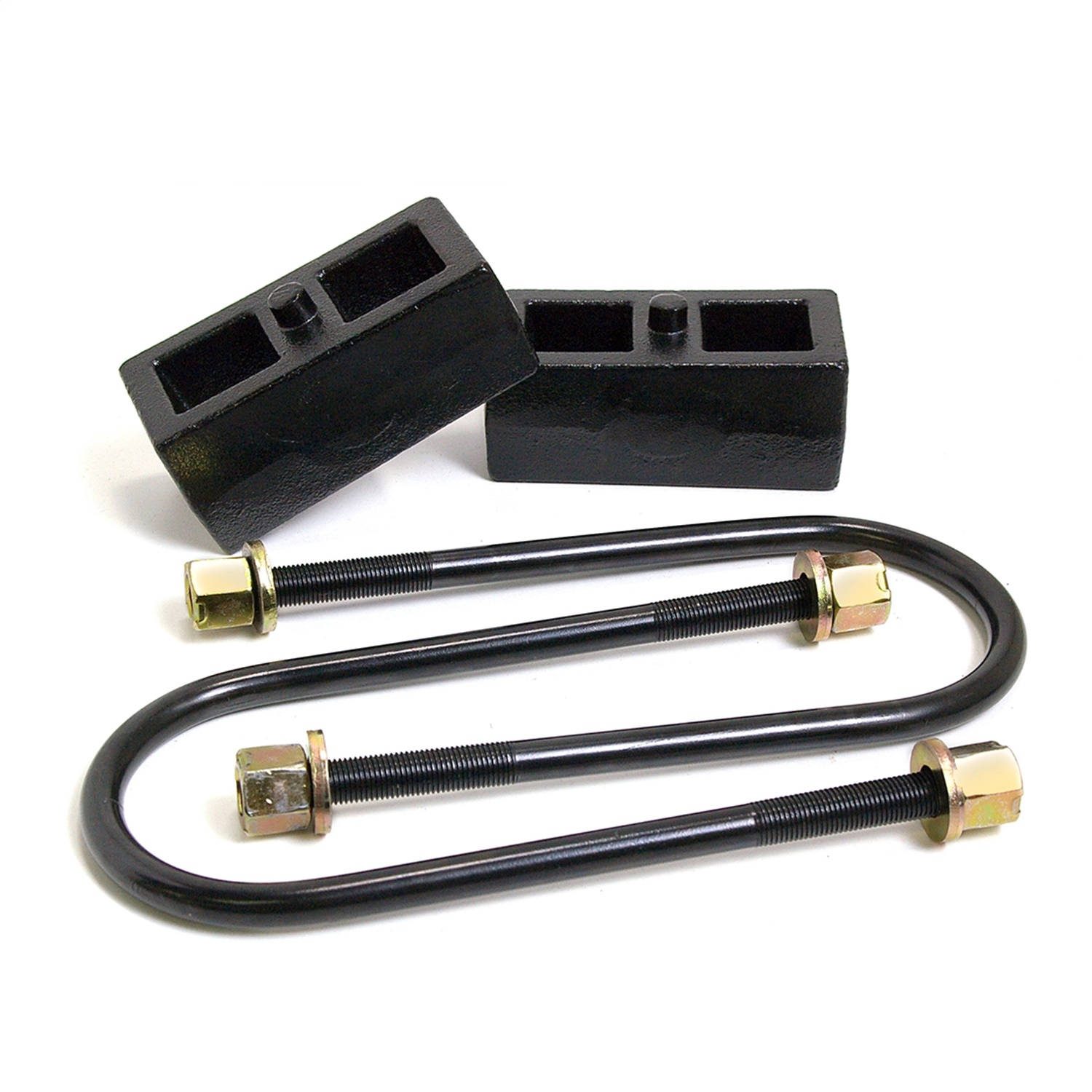 Readylift Rear Block Kit; 2 In. Cast Iron Blocks; Incl. Integrated Locating Pin; E-Coated U-Bolts; Readylift Rear Block Kit; 2 In. Cast Iron Blocks; Incl. Integrated Locating Pin; E-Coated U-Bolts;