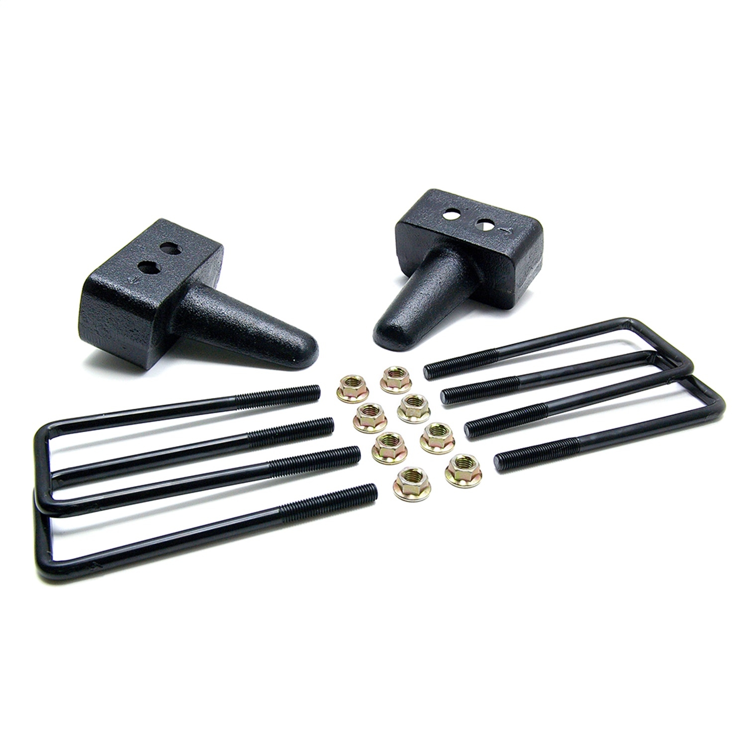 Readylift Rear Block Kit; 3 In. Cast Iron Blocks; Incl. Integrated Locating Pin; E-Coated U-Bolts; Readylift Rear Block Kit; 3 In. Cast Iron Blocks; Incl. Integrated Locating Pin; E-Coated U-Bolts;