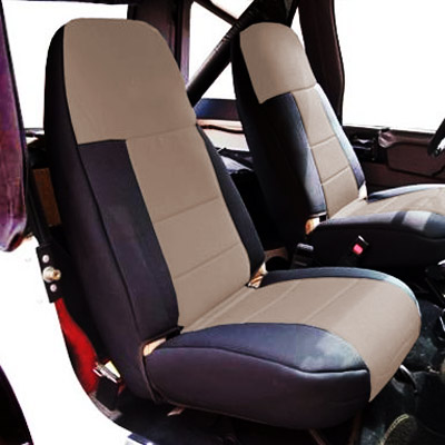 Coverking Front Highback Bucket Seat Cover , Premium Leatherette Black On Beige | 1976-1986 Jeep Coverking Front Highback Bucket Seat Cover , Premium Leatherette Black On Beige | 1976-1986 Jeep