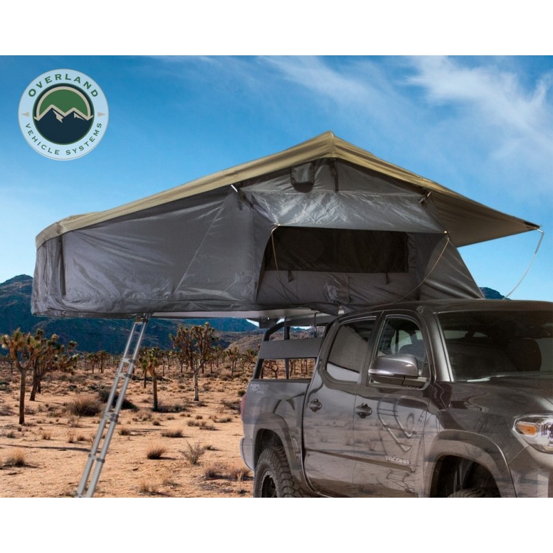 Overland Vehicle Systems - Nomadic 3 Extended Roof Top Tent, Dark Gray Base w/ Green Rain Fly & Blk Cover, Blk Alum Base, Blk Ladder