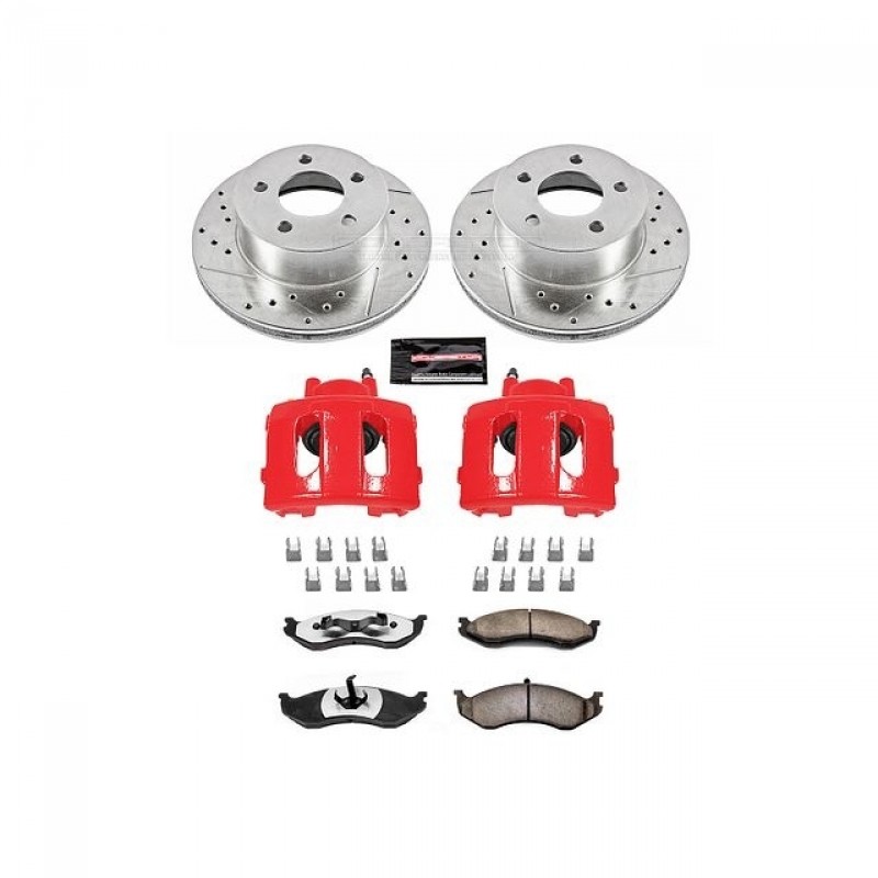 Power Stop Front Z36 Truck & Tow Brake Pad and Rotor Kit with Red Powder Coated Calipers for 90-95 Jeep Wrangler YJ, 97-99 Wrangler TJ, 90-99 Cherokee XJ