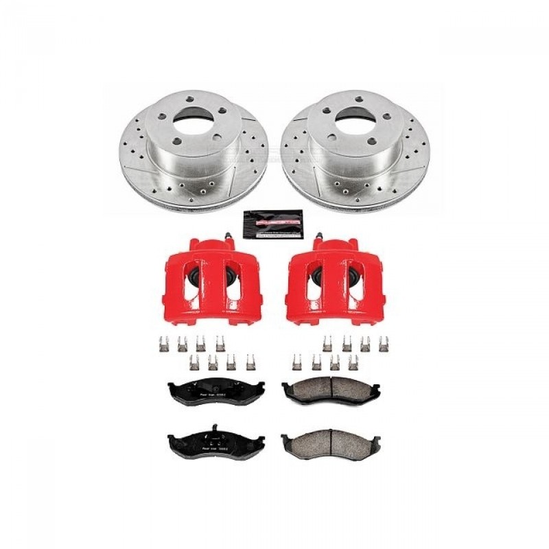 Power Stop Front Z23 Evolution Brake Pad and Rotor Kit with Red Powder Coated Calipers for 90-95 Jeep Wrangler YJ, 97-99 Wrangler TJ, 90-99 Cherokee XJ