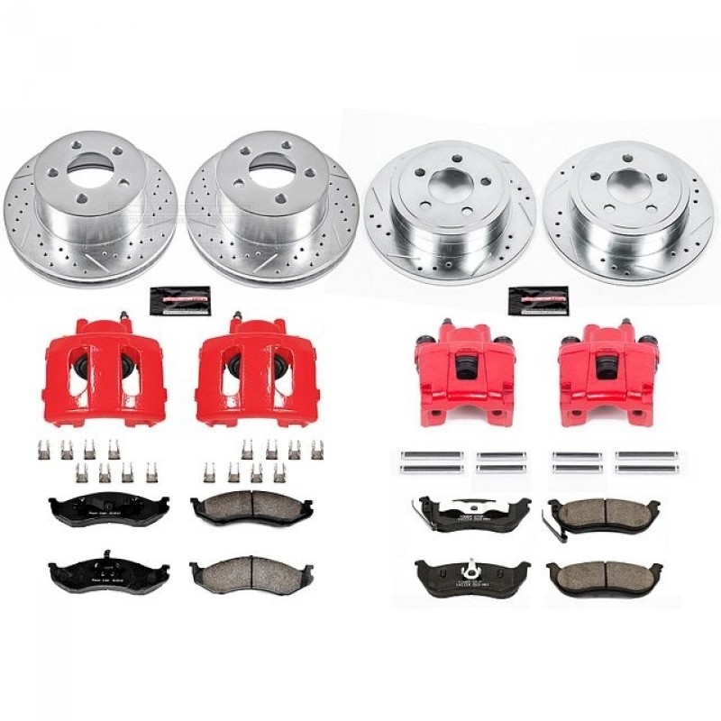 Power Stop Front and Rear Z23 Evolution Brake Pad and Rotor Kit with Red Powder Coated Calipers for 03-06 Jeep Wrangler TJ