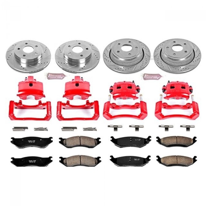 Power Stop Front and Rear Z23 Evolution Brake Pad and Rotor Kit with Red Powder Coated Calipers for 2002 Dodge Ram 1500
