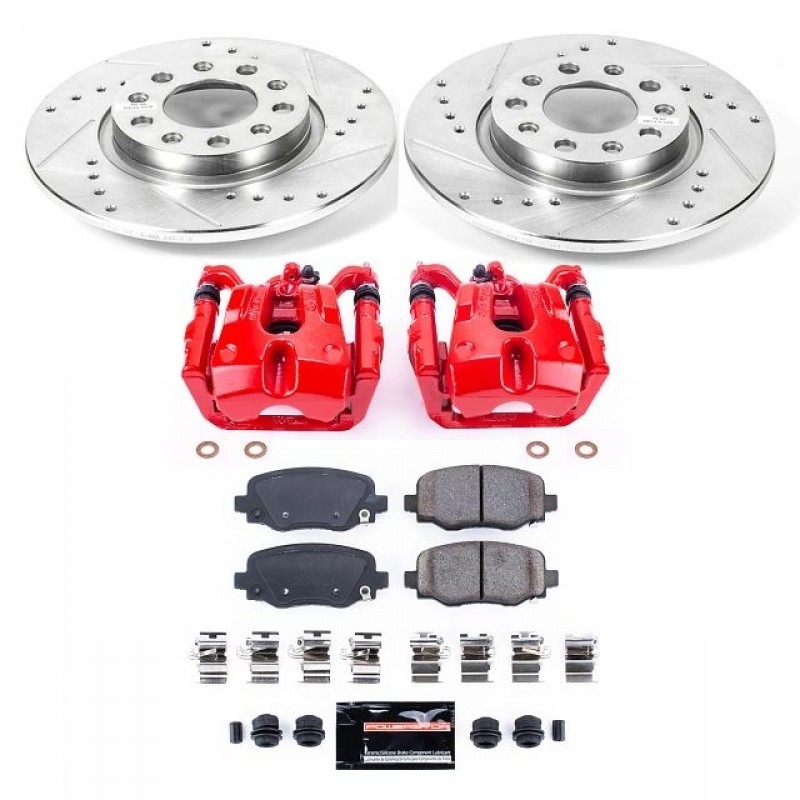 Power Stop Rear Z23 Evolution Brake Pad and Rotor Kit with Red Powder Coated Calipers for 14-20 Jeep Cherokee KL with Single Piston Front Calipers