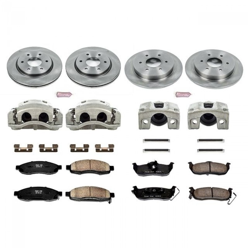 Power Stop Front and Rear Stock Replacement Brake Pad and Rotor Kit with Calipers for 05-07 Nissan Titan, 05-06 Armada