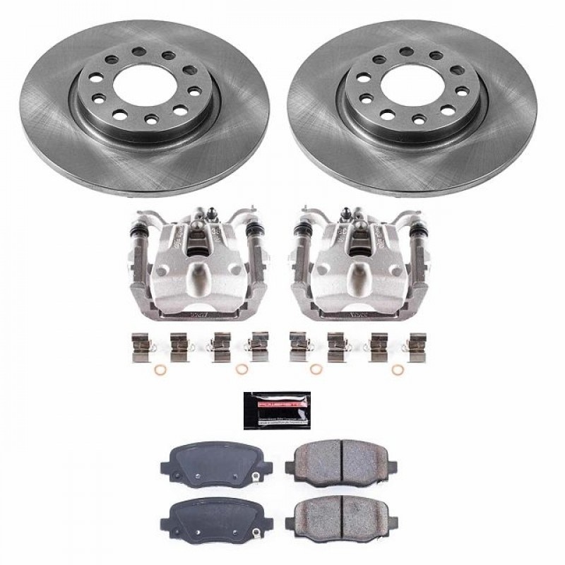 Power Stop Rear Stock Replacement Brake Pad and Rotor Kit with Calipers for 14-20 Jeep Cherokee KL with Single Piston Front Calipers