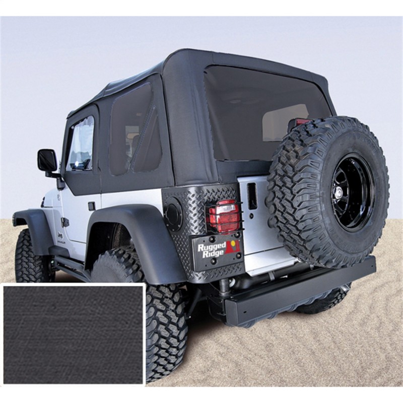 Rugged Ridge This black denim factory replacement-style soft top from Rugged Ridge comes without door skins and has tint