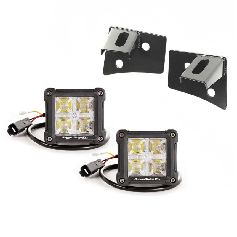 Rugged Ridge Windshield Dual LED Light Mount Kit with 3" Square LED Lights - 4 Piece