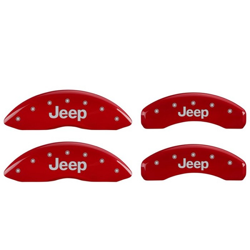 MGP Front & Rear Brake Caliper Covers, Red Powder Coat Finish with Engraved Silver Jeep Logo - Set