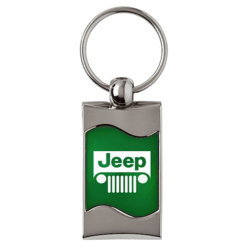 Au-TOMOTIVE GOLD Rectangular Keychain with Jeep Grille Logo on Green Wave - Metal