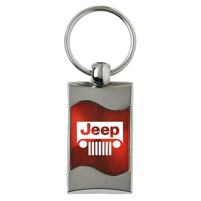 Au-TOMOTIVE GOLD Rectangular Keychain with Jeep Grille Logo on Red Wave - Metal