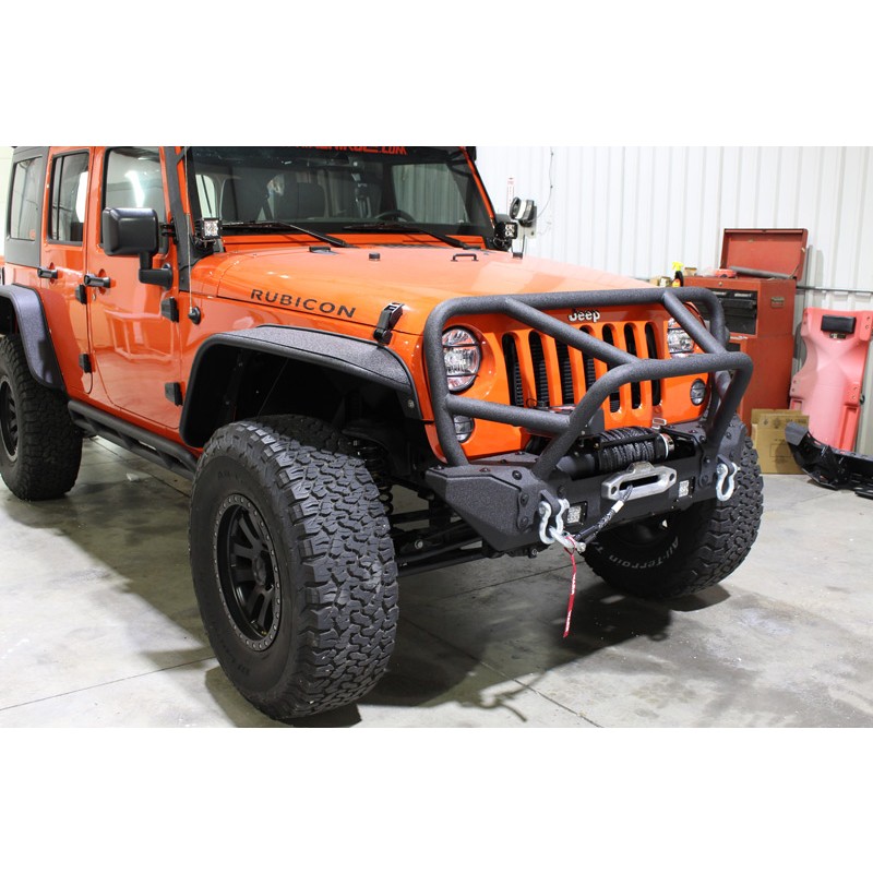 Fishbone Front Winch Bumper with Full Grille Guard, D-Rings & Cube LED Lights - Textured Black Powder Coat