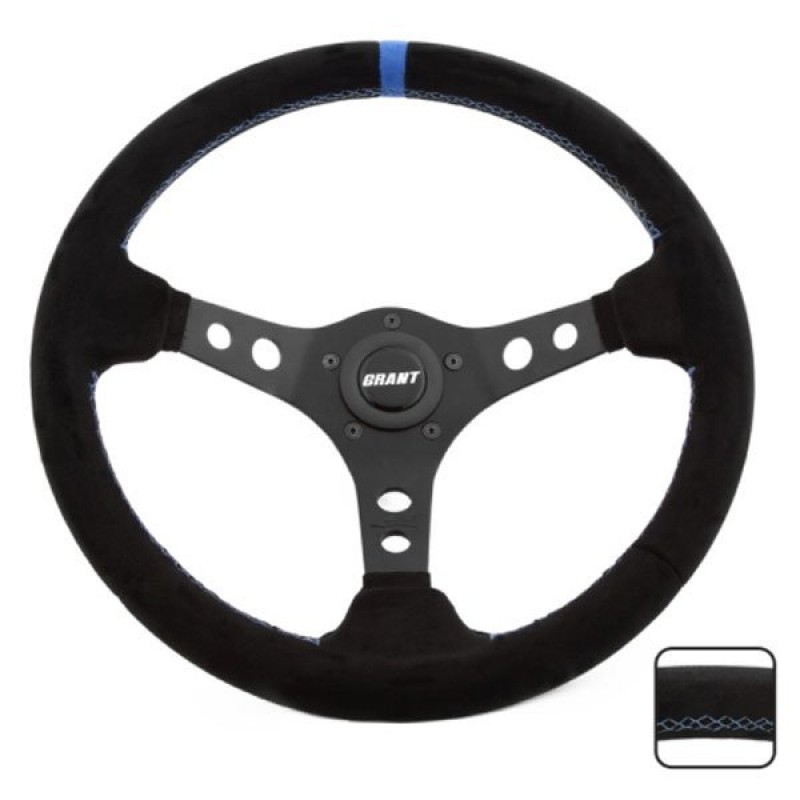 Grant Suede Series 3-Spoke Steering Wheel - Black Suede with Blue Stitching and Blue Center Stripe