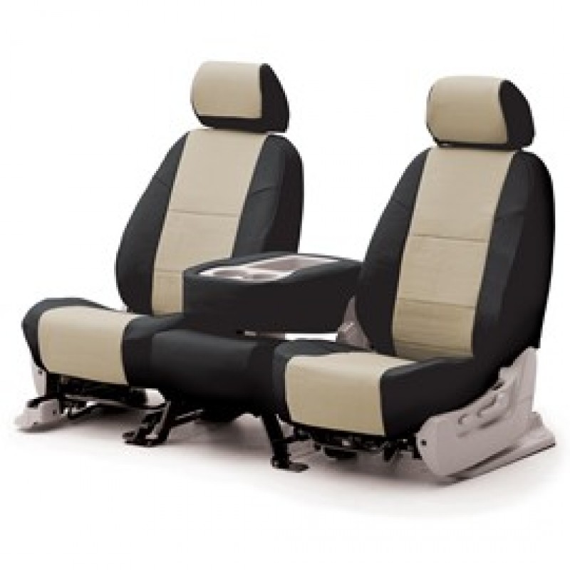 Coverking Rear Seat Cover, Premium Leatherette Black On Beige