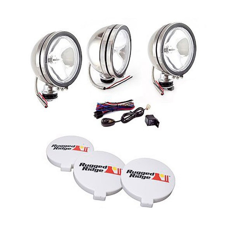 Rugged Ridge Stainless Steel 6" Round Off Road Fog Light Kit With Wiring Harness 100W (3 Piece)