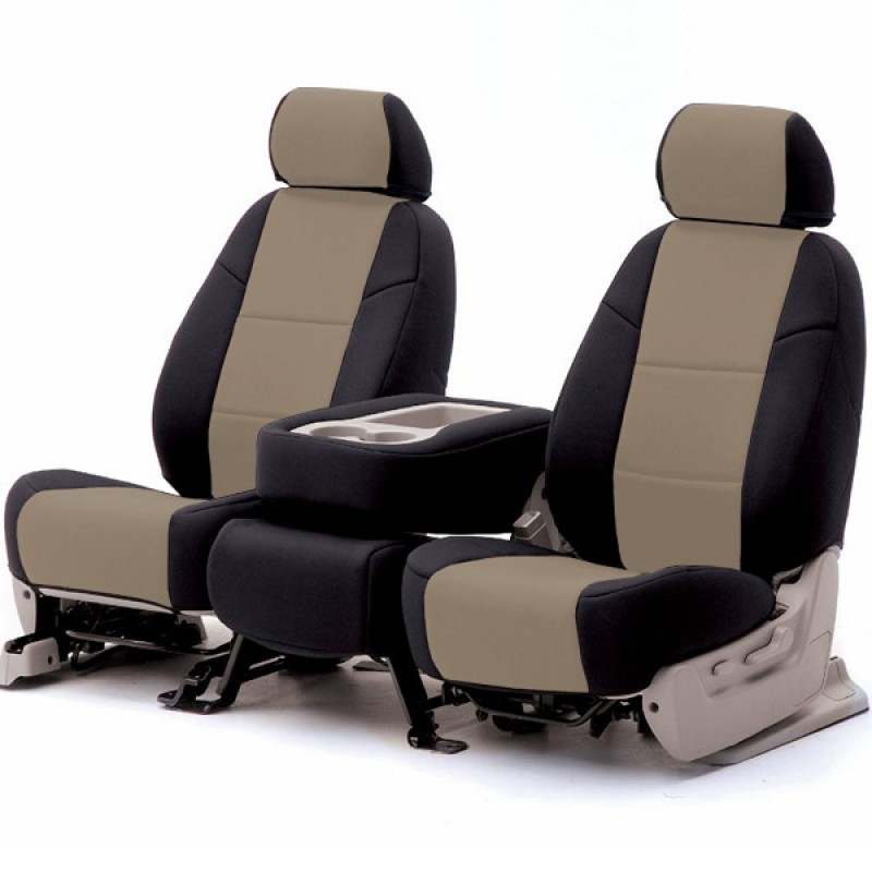 Coverking Front Bucket Seat Cover, Premium Leatherette Black On Beige
