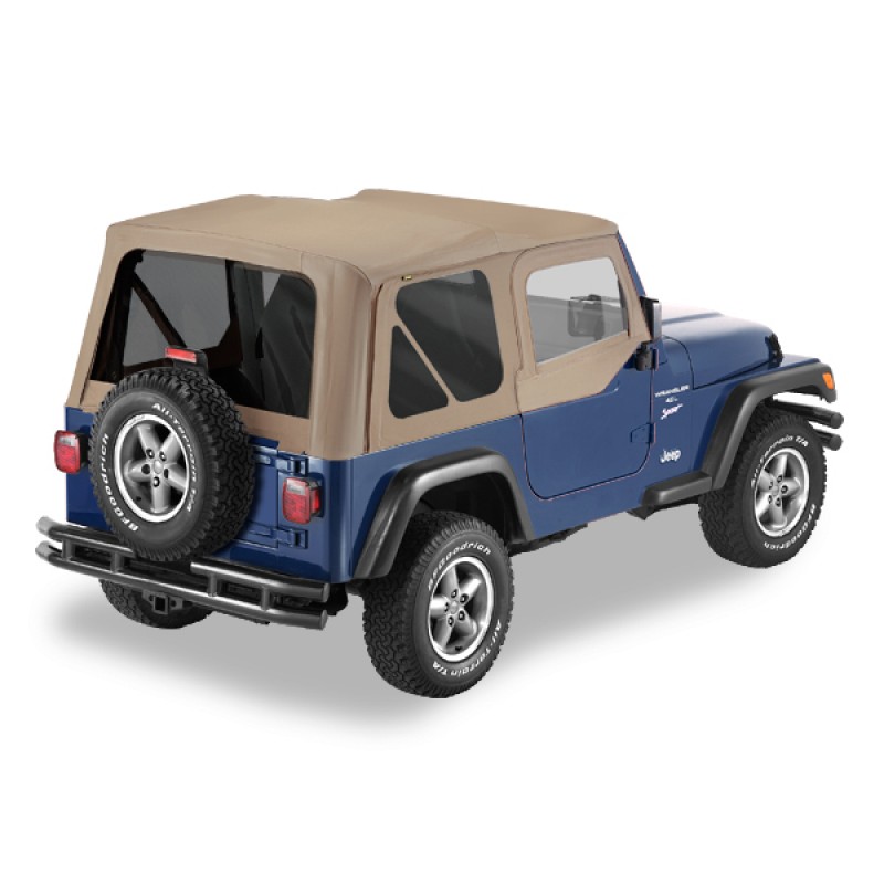 Pavement Ends Replay Soft Top with Tinted Side and Rear Windows, Clear Upper Door Skins, Dark Tan
