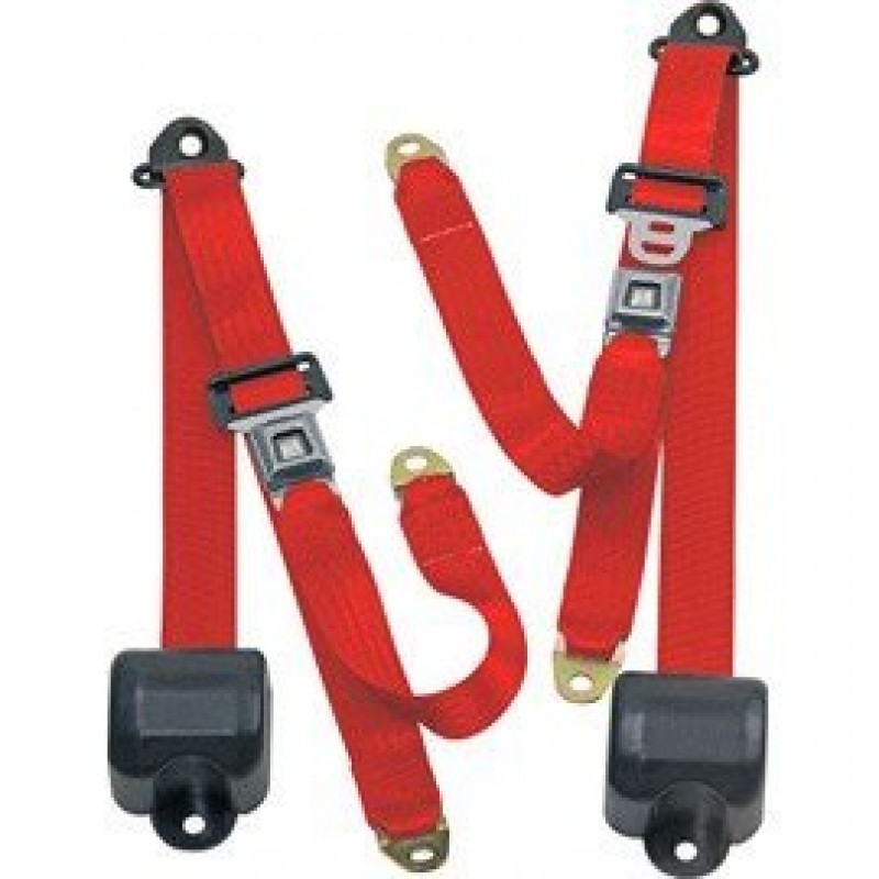 Front Metal Push Button 3 Point Retractable Belts, Flame Red