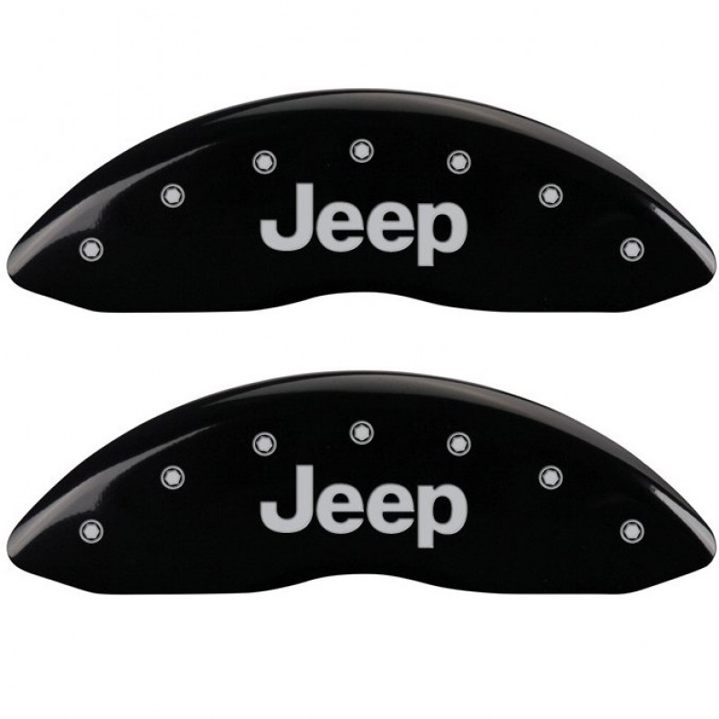 MGP Front Brake Caliper Covers, Black Powder Coat Finish with Engraved Silver Jeep Logo - Pair