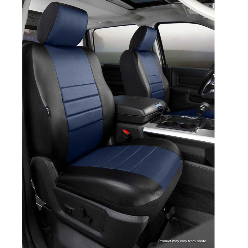 Fia LeatherLite Custom Fit Seat Covers, Front Seat, Black with Blue Center Panel - Pair