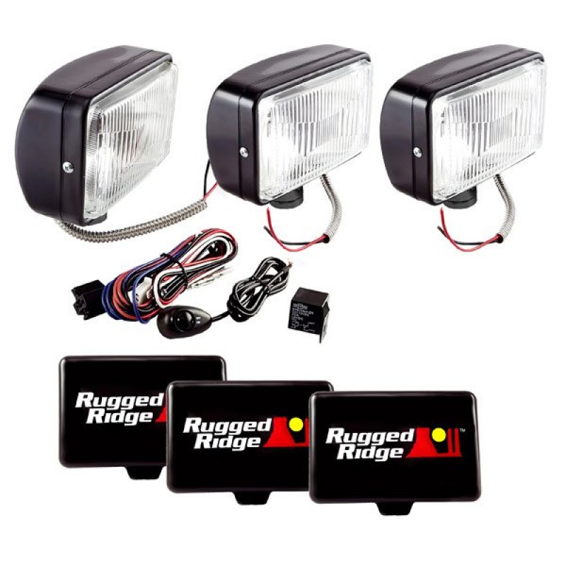 Rugged Ridge 5X7 Halogen Off Road Driving Light Kit, 100W, Black, 3 Lights