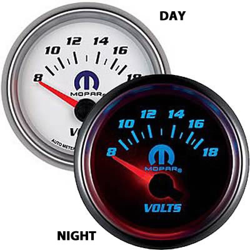 MOPAR BY AUTOMETER Voltmeter, Short Sweep, Electronic, 2 1/16", White Dial, 8-18 Volts Range