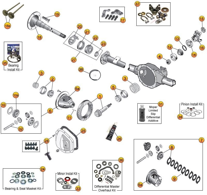 Jeep Grand Cherokee WJ, WG Dana Model 35 Rear Axle Parts Diagram - OEM  Replacement Rear Differential - Morris 4x4 Center